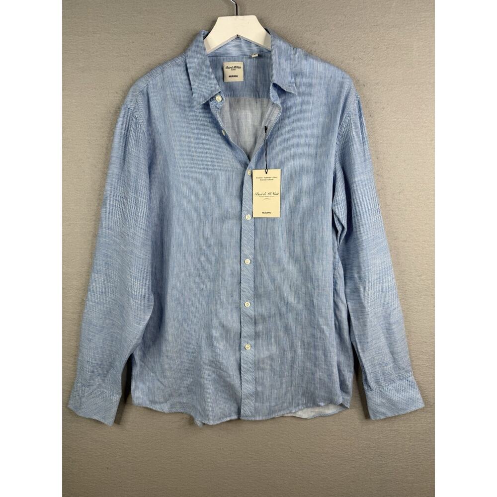 Baird McNutt Murano Linen Blend Button Down Shirt Mens L Blue Stripe Coastal NEW